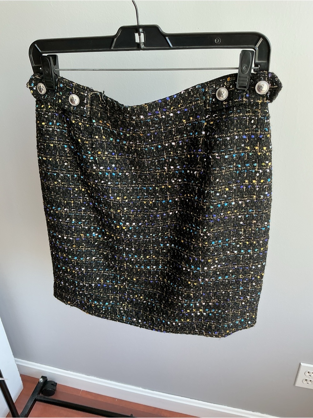 BCBG Black Tweed Mini Skirt with Metallic Accent Threads